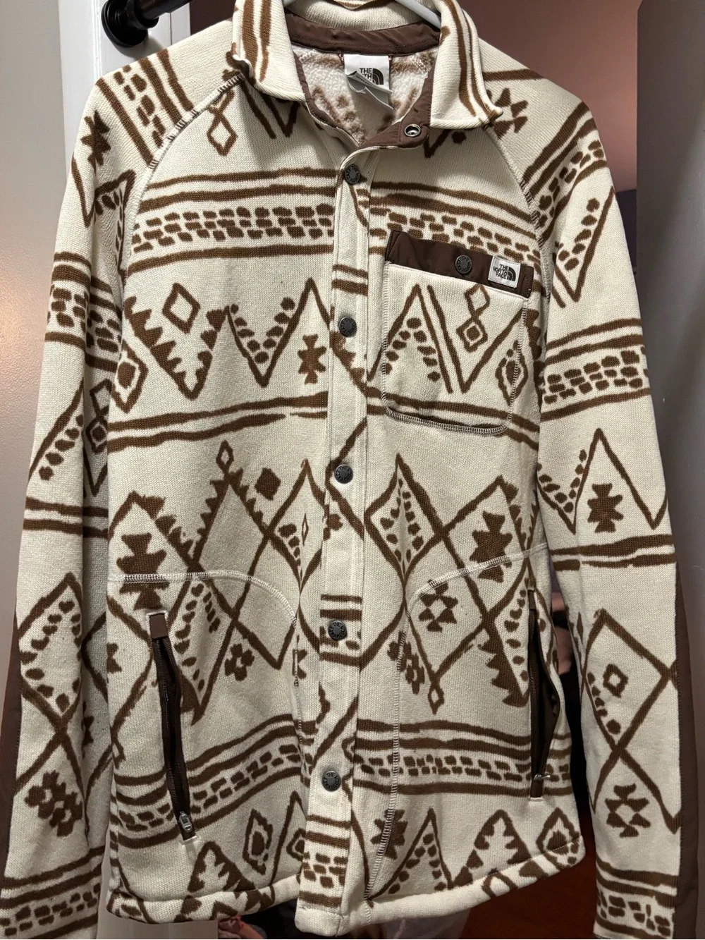 The North Face Men’s Cream & Brown Patterned Fleece Shirt Jacket